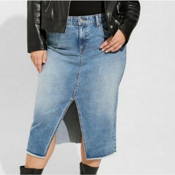 torrid Dresses & Skirts - Torrid Plus Midi Denim Long Front Split Jean Skirt Raw Hem Size 18